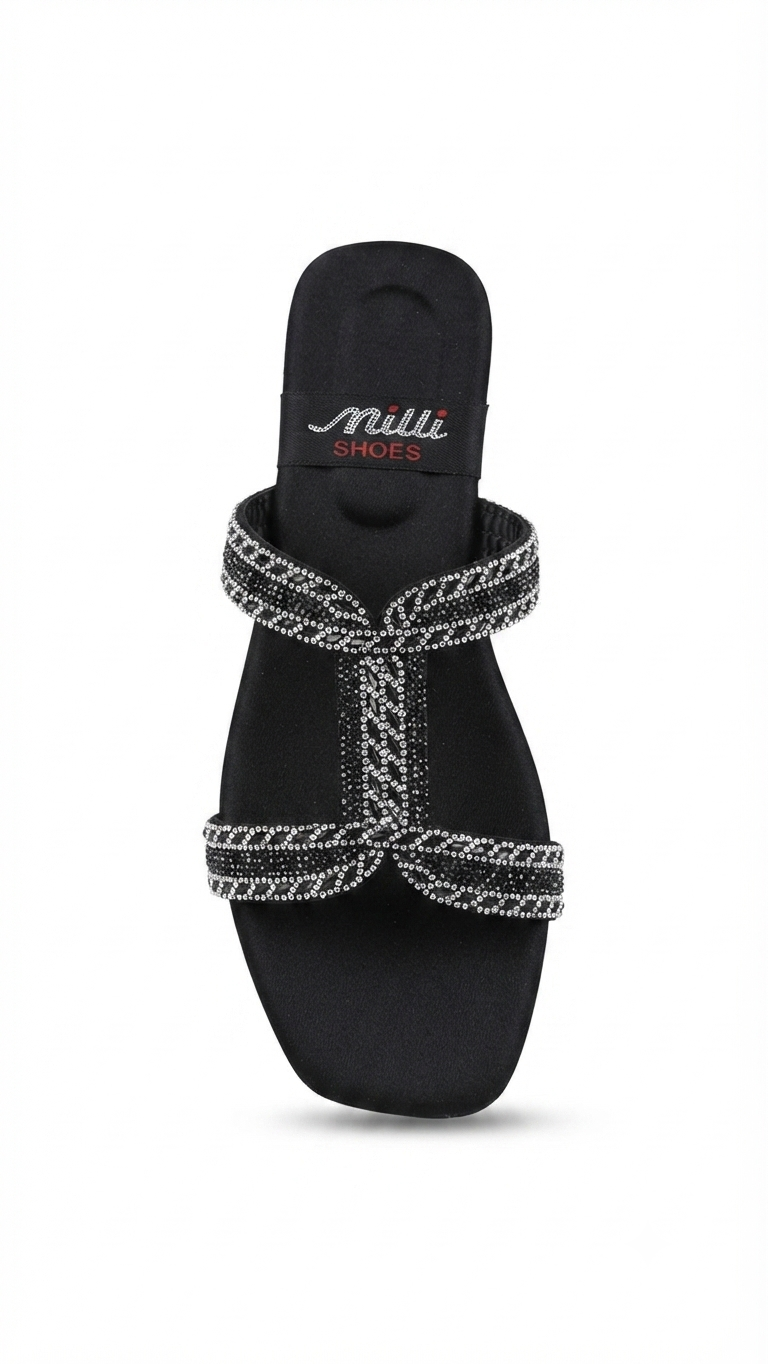 Glamorous Crystal-Encrusted T-Strap Flat Sandals | Sparkling Party Wear Sliders for Women (Sizes 6-10)