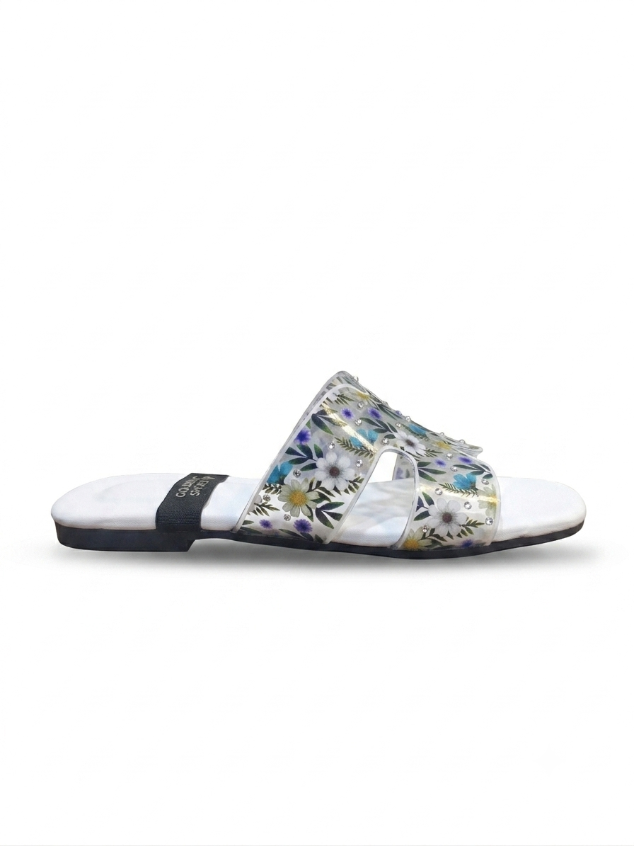Golden Shoes Floral Transparent Print Flat Slippers for Women | Sizes 7-10 | Zashoes Sialkot