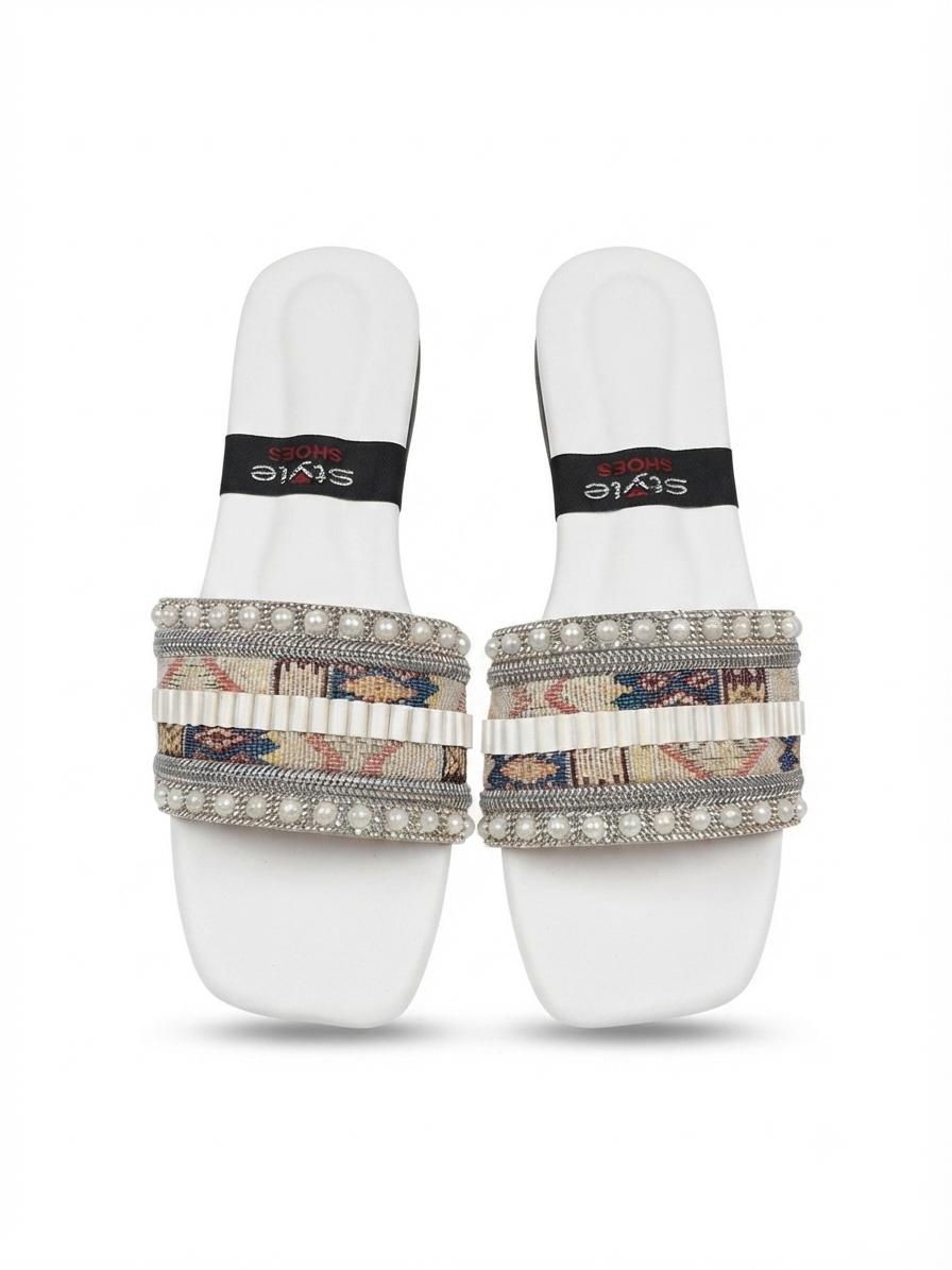 Luxury Multi-Color Ethnic Print & Pearl Slippers | Women's Party Wear Chappal