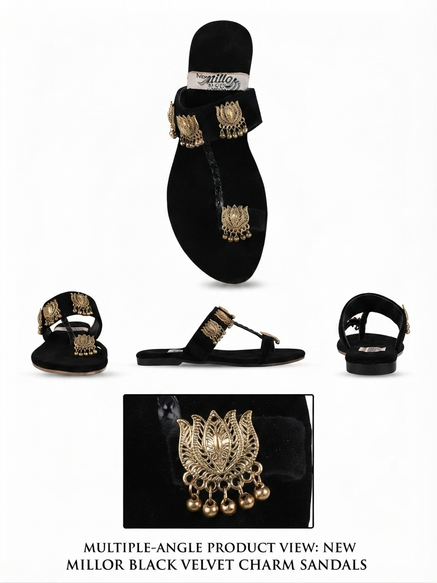 ZA Shoes Black Velvet Ethnic Flat Sandals with Gold Jhumka Charms | Sizes 6–10