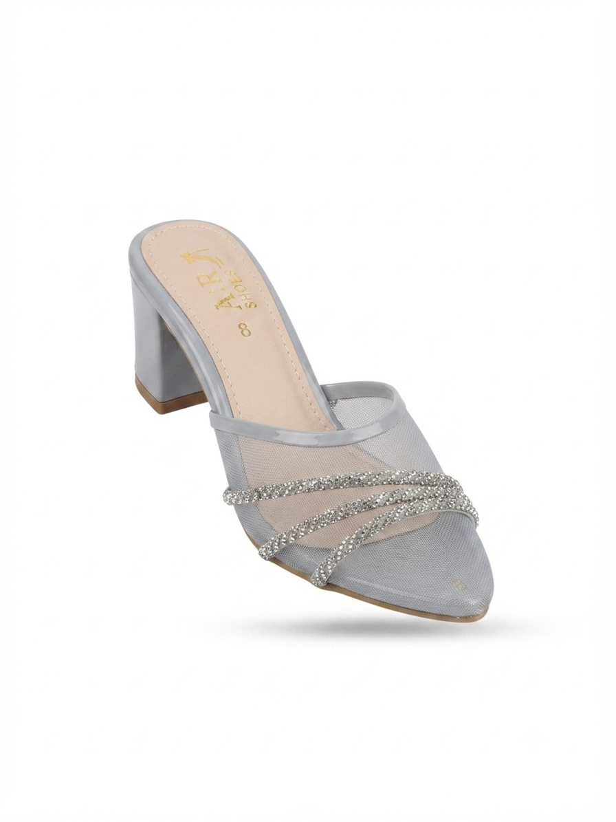 ZA Shoes Hot Trending Crystal Net & Mesh Block Heel Mules | Stylish Jali Style Party Wear Heels for Women (Sizes 6-10)