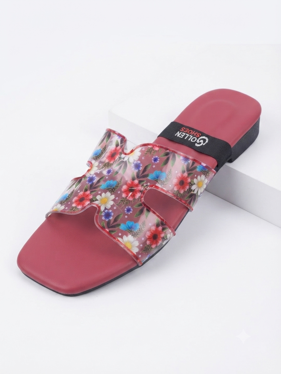 Golden Shoes Women’s Floral Transparent Strap Flat Slides | Casual Slip-On Sandals