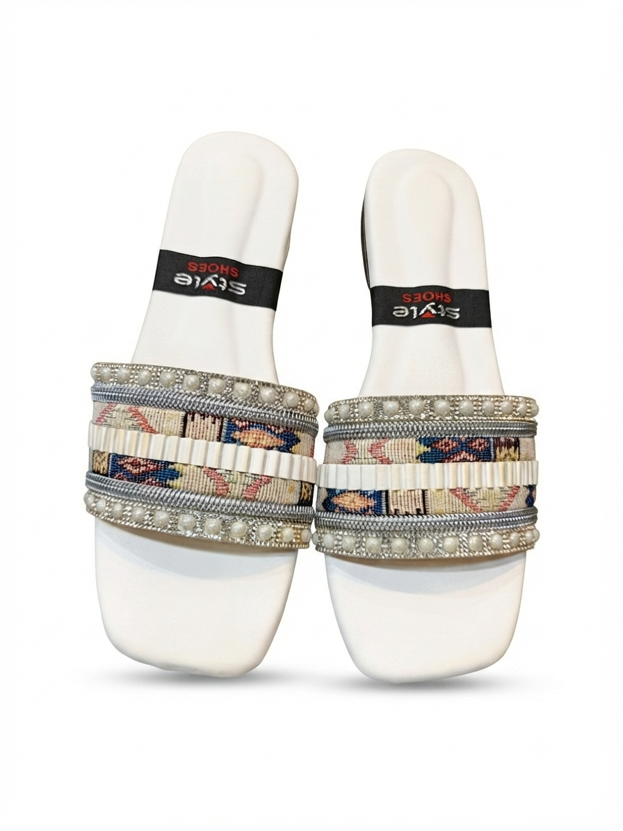 Luxury Multi-Color Ethnic Print & Pearl Slippers | Women's Party Wear Chappal