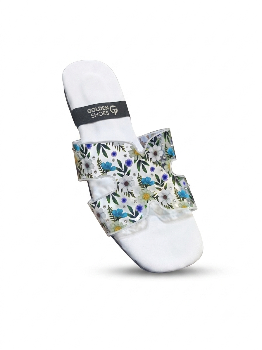 Golden Shoes Floral Transparent Print Flat Slippers for Women | Sizes 7-10 | Zashoes Sialkot