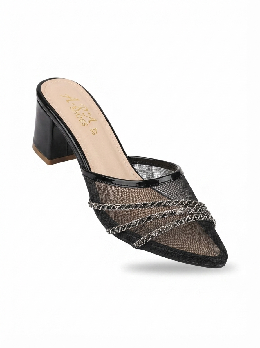 ZA Shoes Hot Trending Crystal Net & Mesh Block Heel Mules | Stylish Jali Style Party Wear Heels for Women (Sizes 6-10)