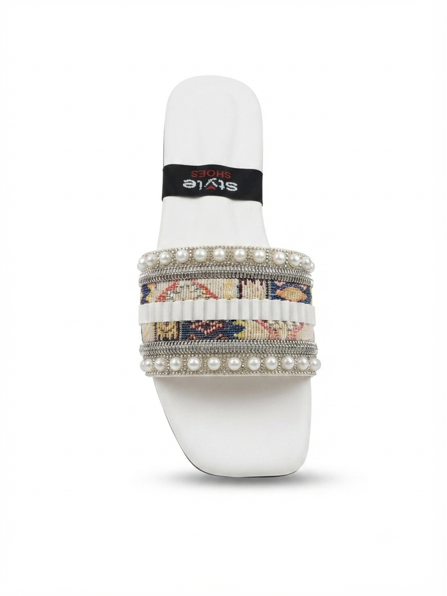 Luxury Multi-Color Ethnic Print & Pearl Slippers | Women's Party Wear Chappal