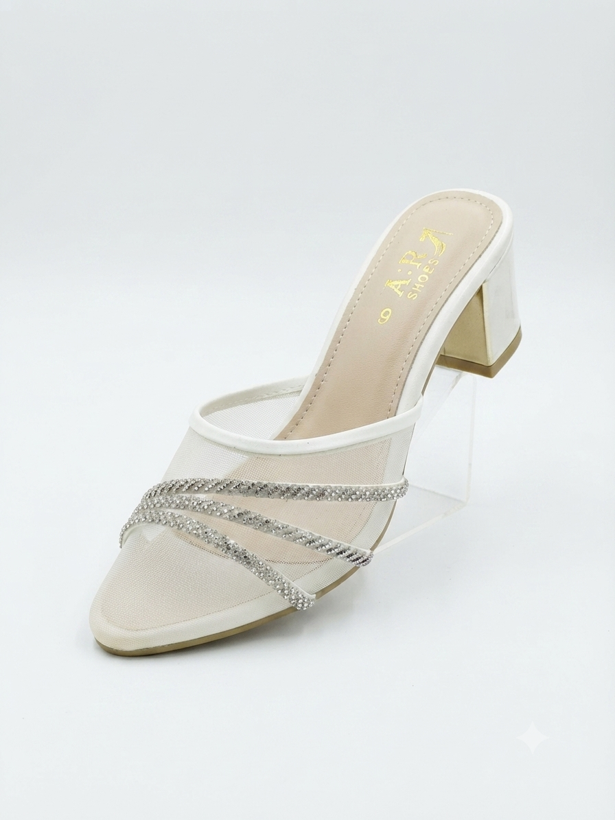 ZA Shoes Hot Trending Crystal Net & Mesh Block Heel Mules | Stylish Jali Style Party Wear Heels for Women (Sizes 6-10)