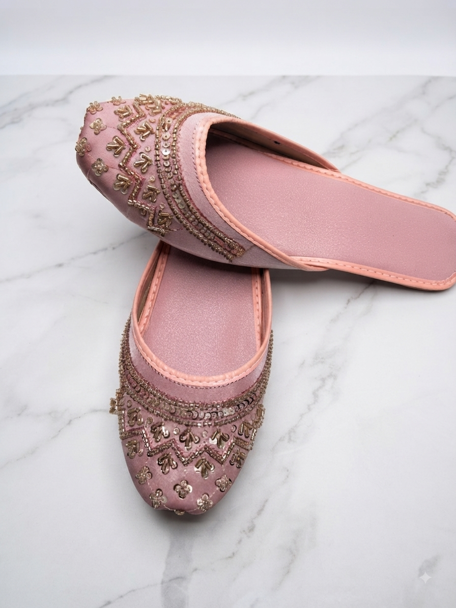 Pink Embroidered Mules – Crystal & Sequin Khussa Style