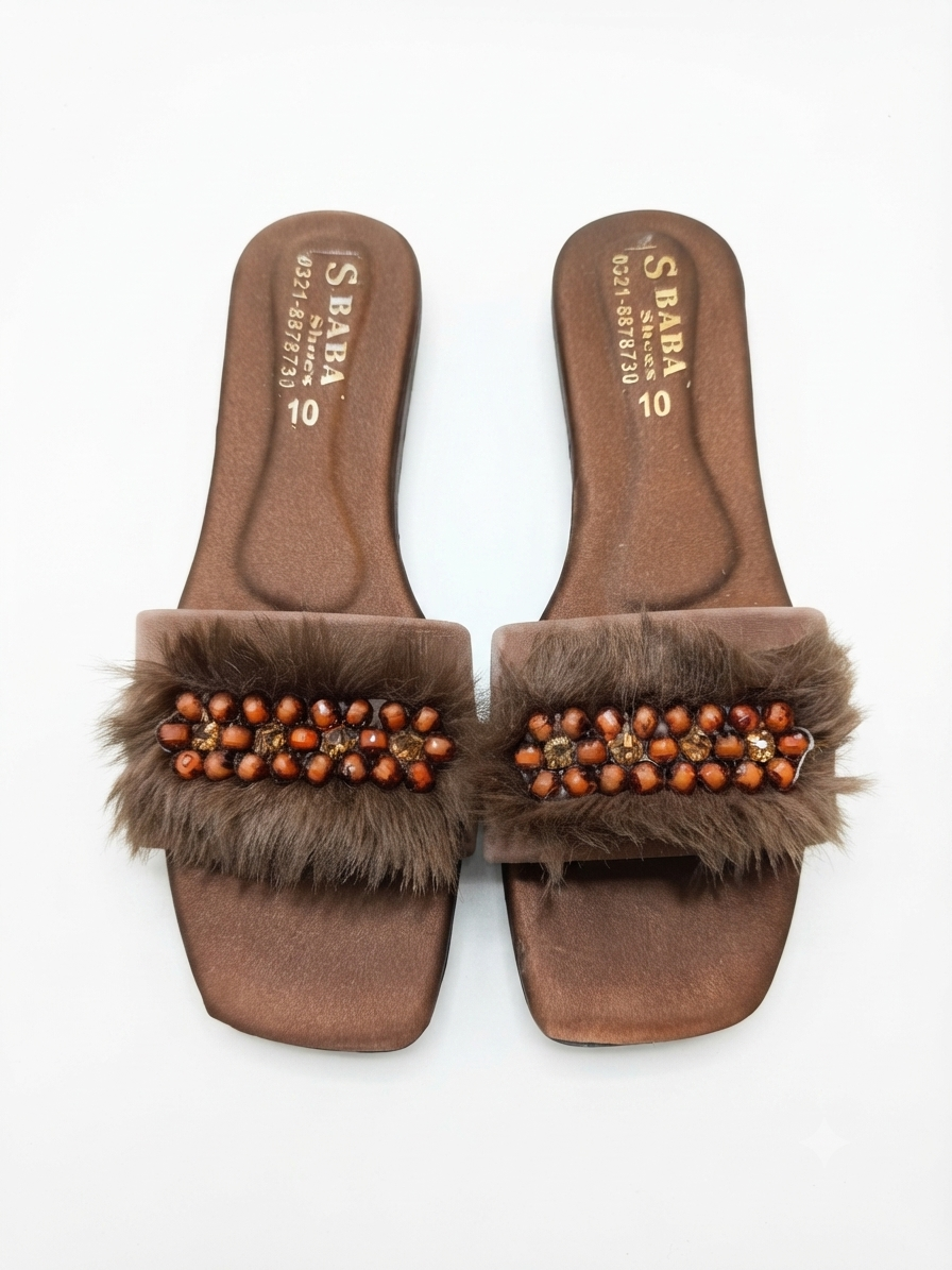Women's White Fur & Pearl Fancy Flat Sliders | Z.A Shoes Point