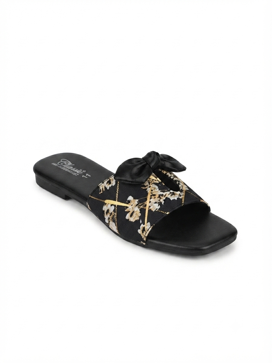Chic Ribbon Bow Print Flat Slides | Everyday Casual Women's Footwear
