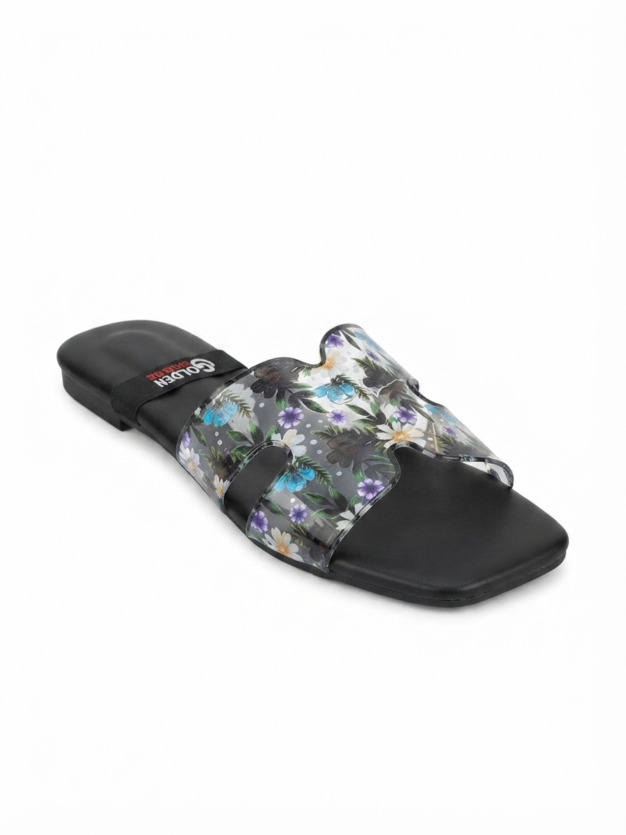 Golden Shoes Women’s Floral Transparent Strap Flat Slides | Casual Slip-On Sandals