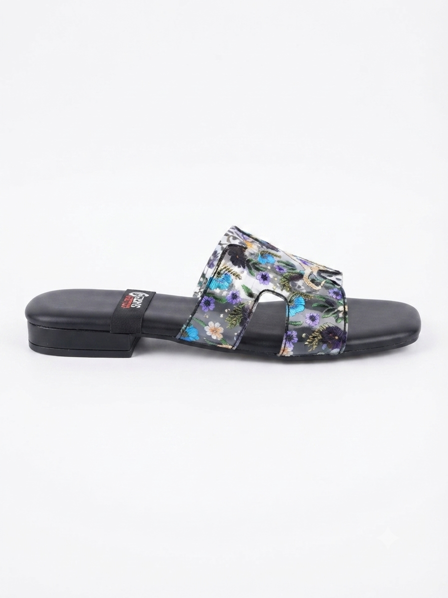 Golden Shoes Women’s Floral Transparent Strap Flat Slides | Casual Slip-On Sandals
