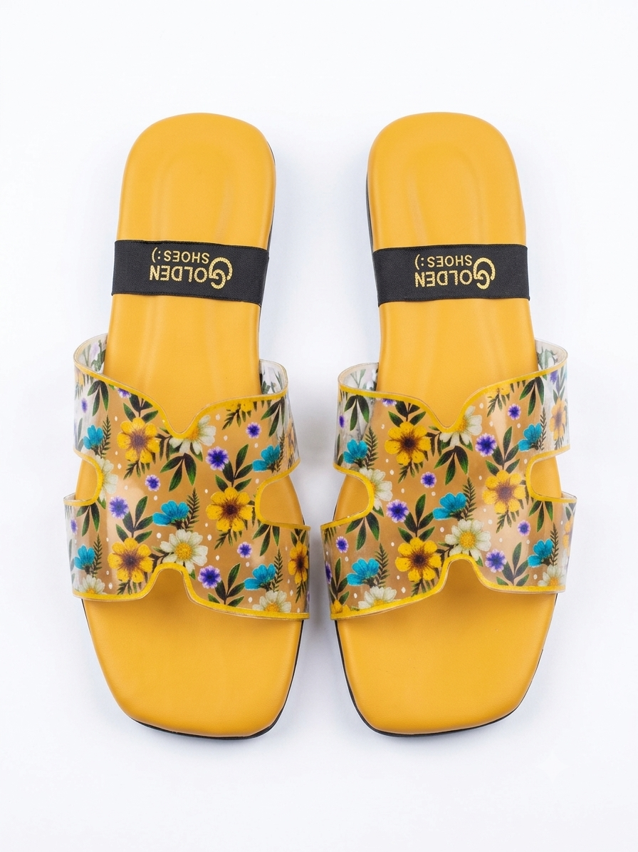 Women Yellow Floral Transparent Slide Sandals | Casual Flat Slippers – Size 6-10