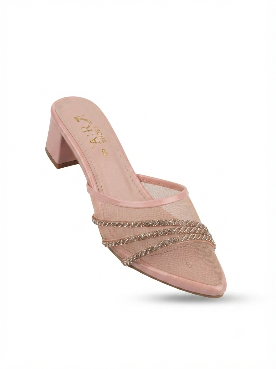ZA Shoes Hot Trending Crystal Net & Mesh Block Heel Mules | Stylish Jali Style Party Wear Heels for Women (Sizes 6-10)