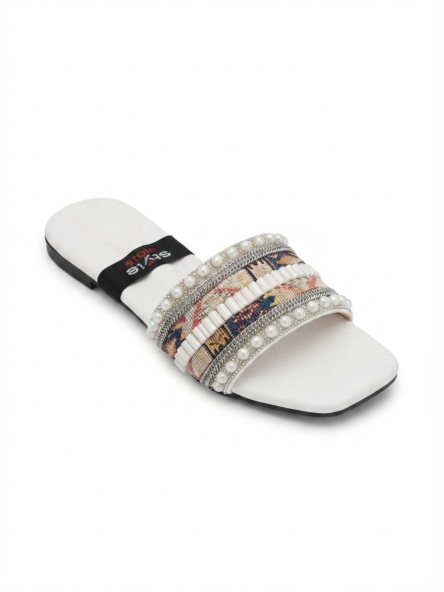 Luxury Multi-Color Ethnic Print & Pearl Slippers | Women's Party Wear Chappal