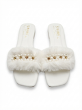 Women's White Fur & Pearl Fancy Flat Sliders | Z.A Shoes Point