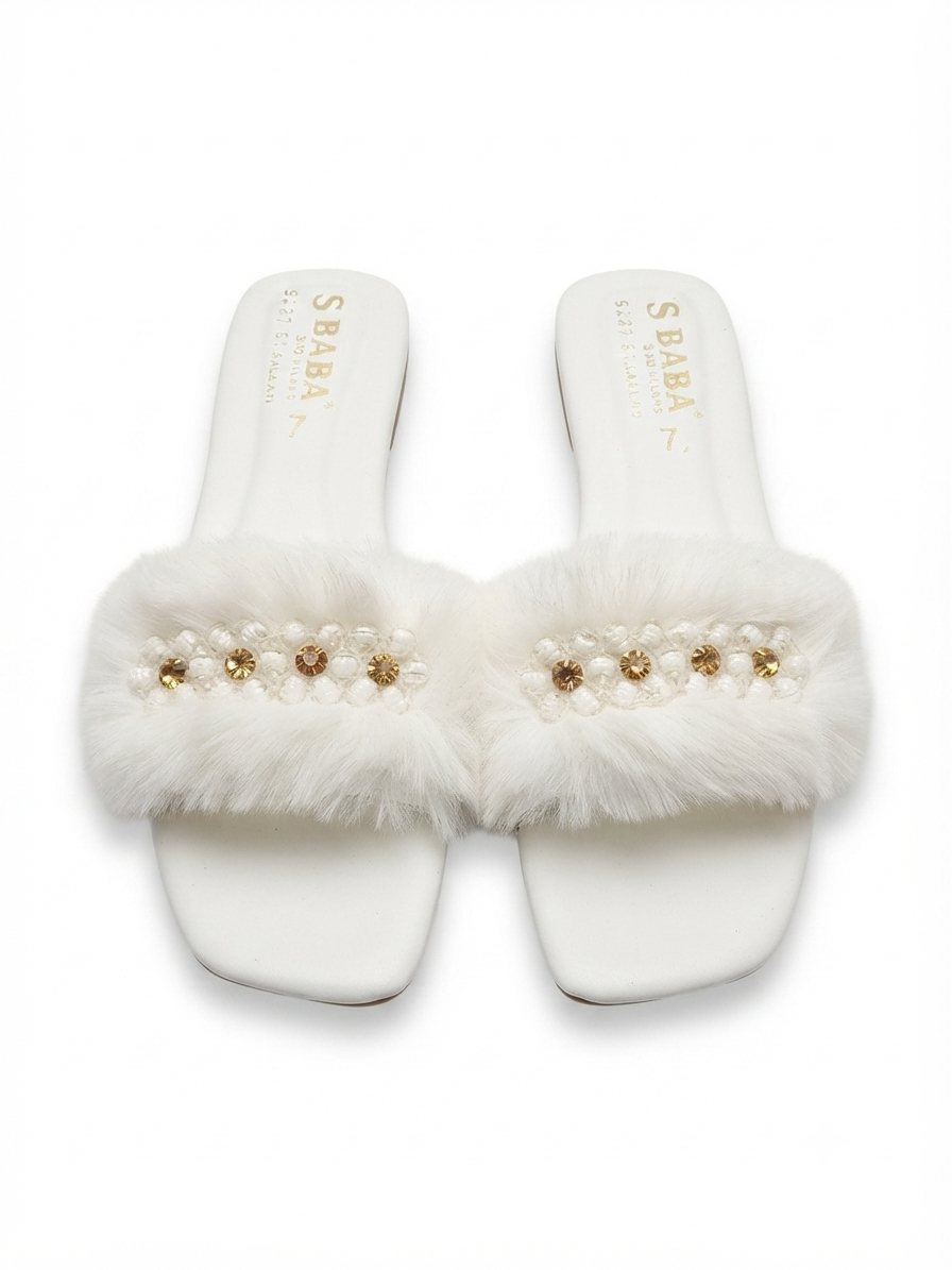 Women's White Fur & Pearl Fancy Flat Sliders | Z.A Shoes Point