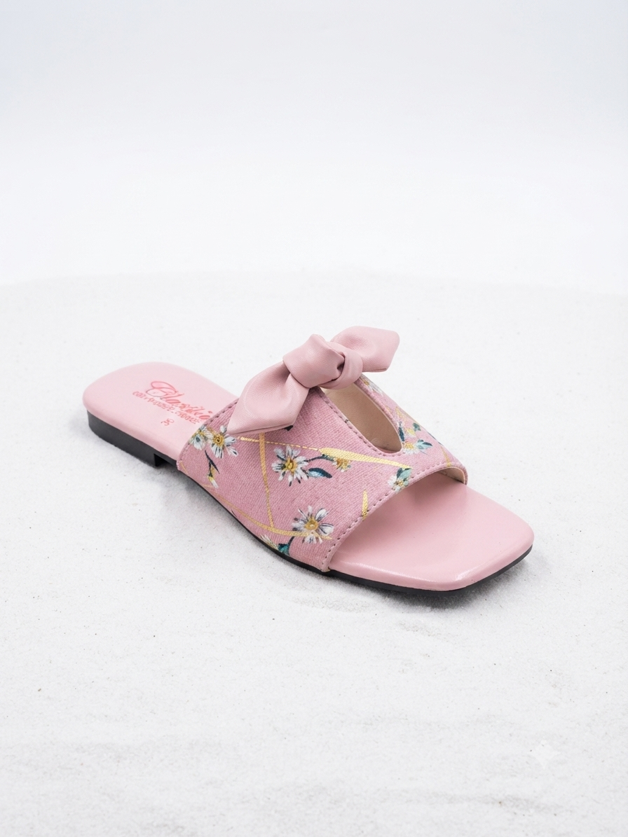 Chic Ribbon Bow Print Flat Slides | Everyday Casual Women's Footwear