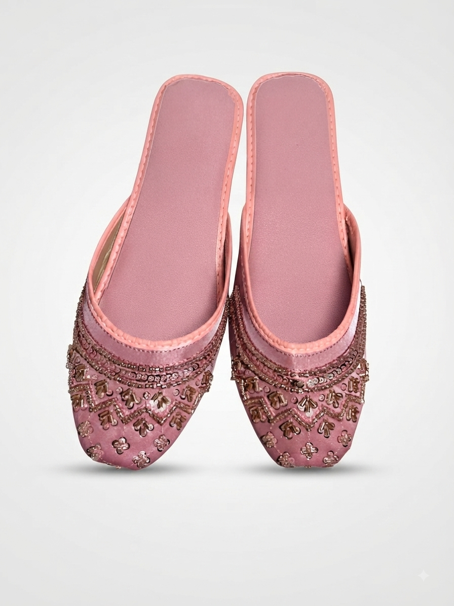 Pink Embroidered Mules – Crystal & Sequin Khussa Style