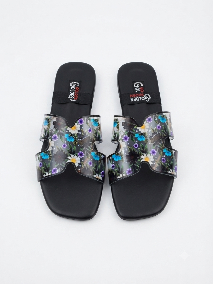 Golden Shoes Women’s Floral Transparent Strap Flat Slides | Casual Slip-On Sandals