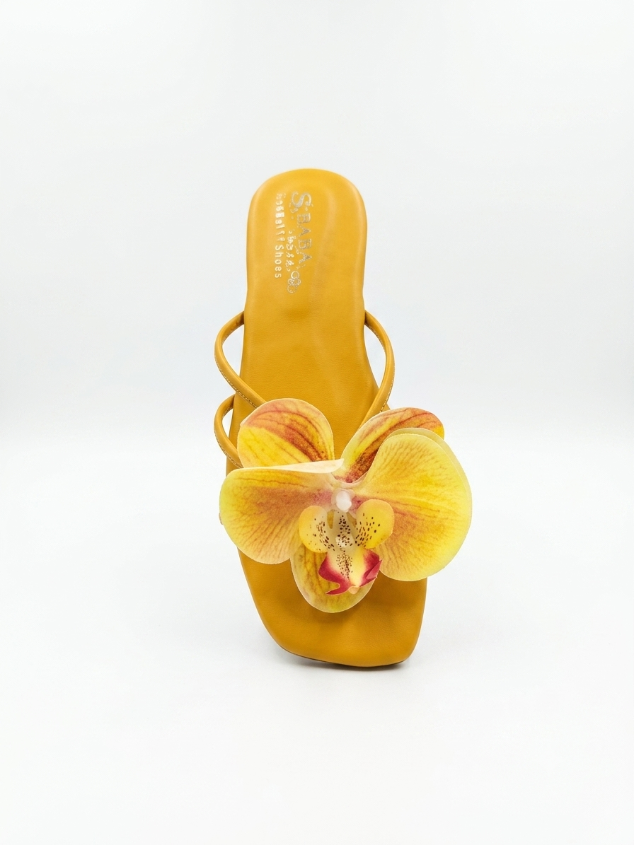 Women's Elegant 3D Orchid Floral Flat Sandals | Luxury Square-Toe Slip-On Slippers (Purple, Black, Yellow) - Sizes 6-10