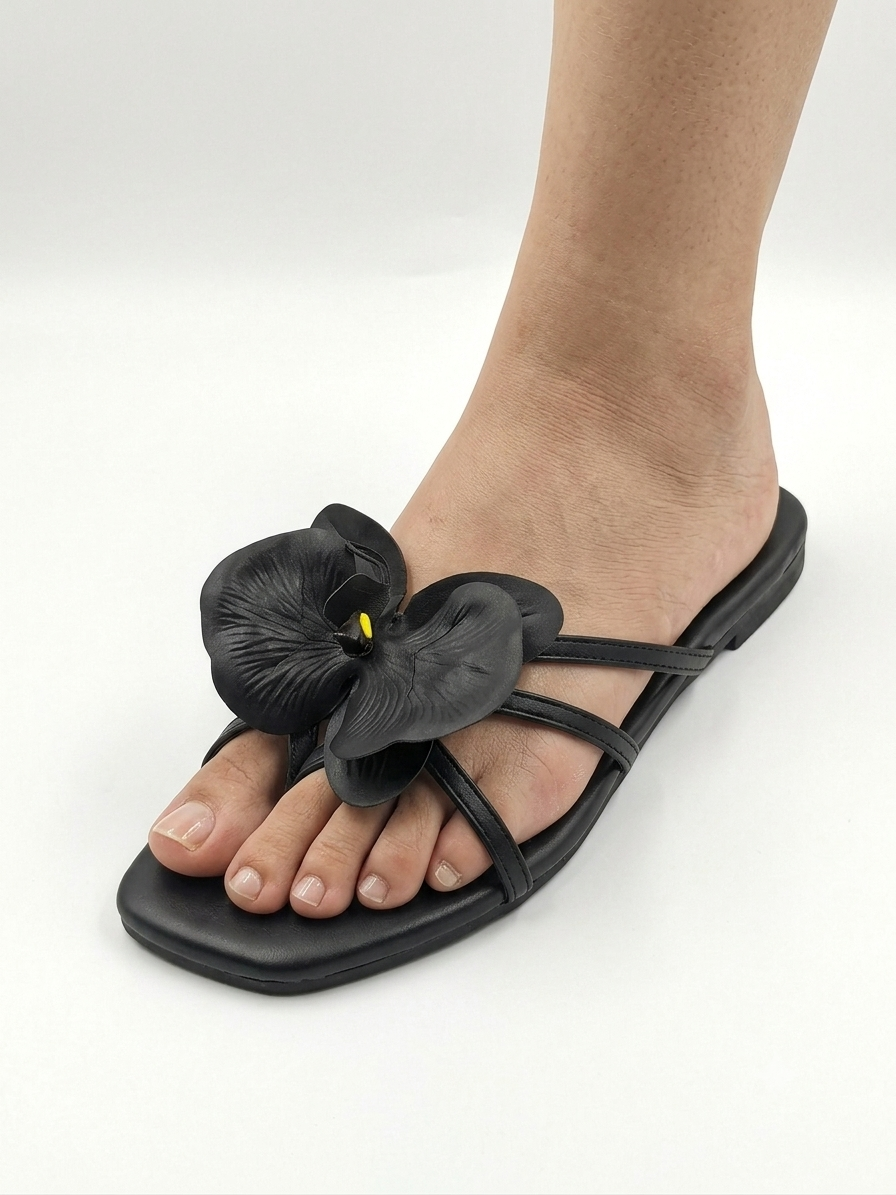 Women's Elegant 3D Orchid Floral Flat Sandals | Luxury Square-Toe Slip-On Slippers (Purple, Black, Yellow) - Sizes 6-10