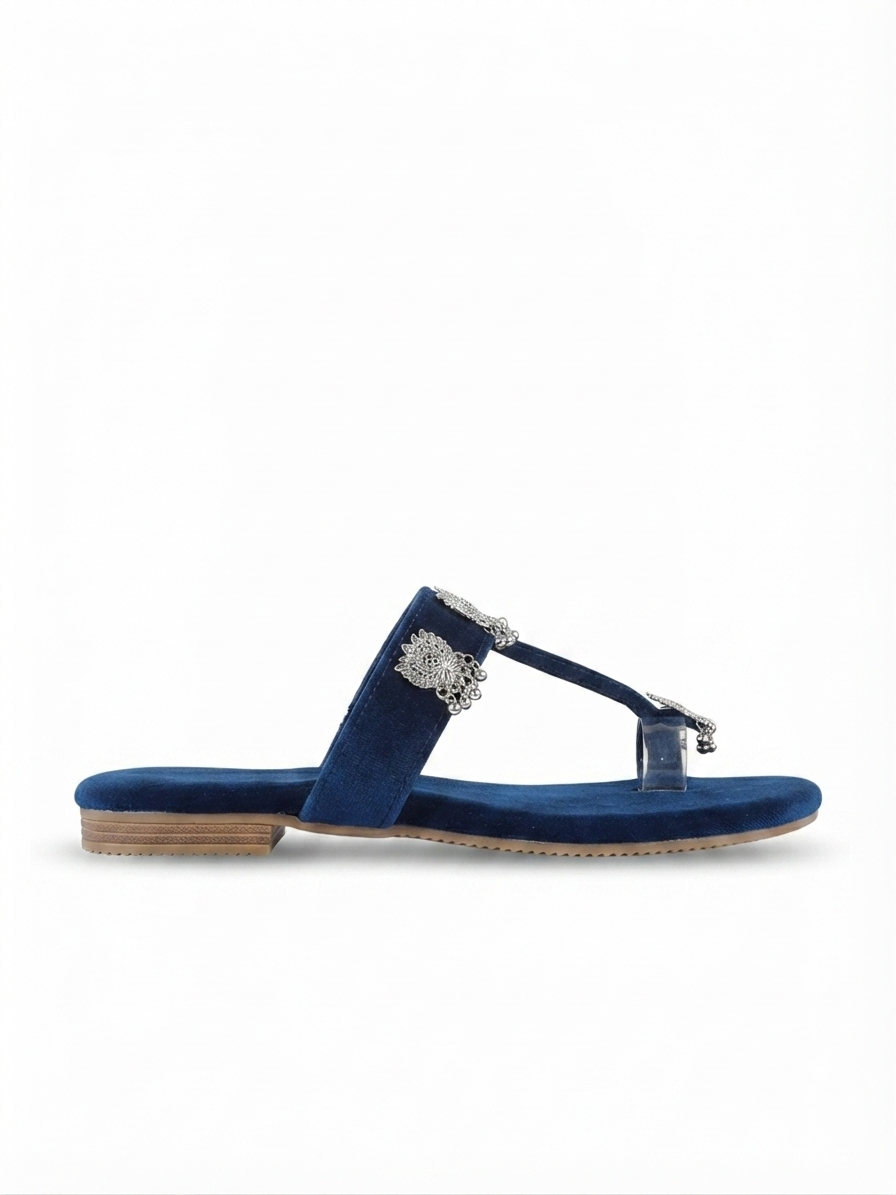 Z.A Shoes Navy Blue Velvet Kashmiri Kolhapuri Flat Sandals with Silver Jhumka | Sizes 6–10