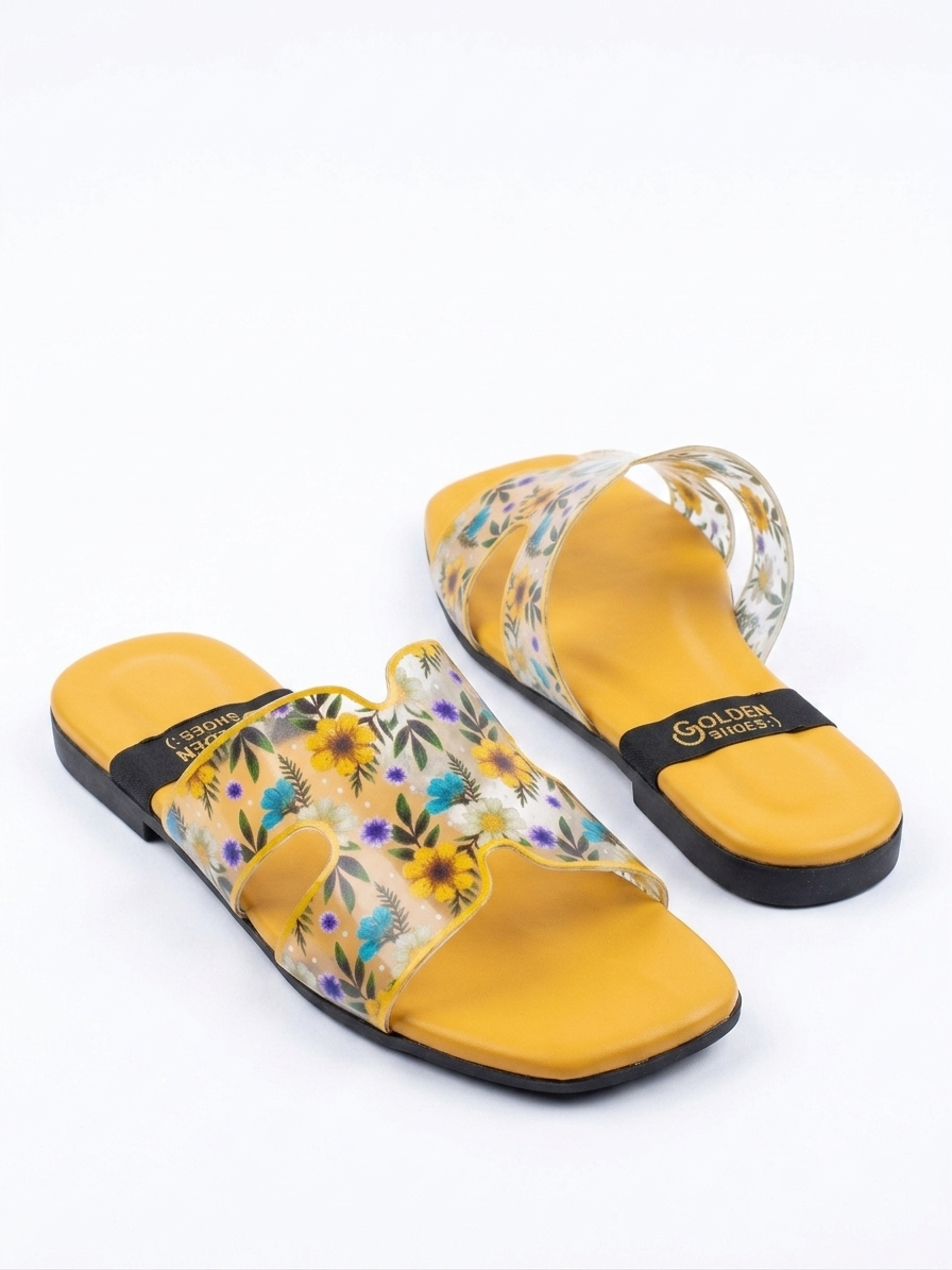 Women Yellow Floral Transparent Slide Sandals | Casual Flat Slippers – Size 6-10