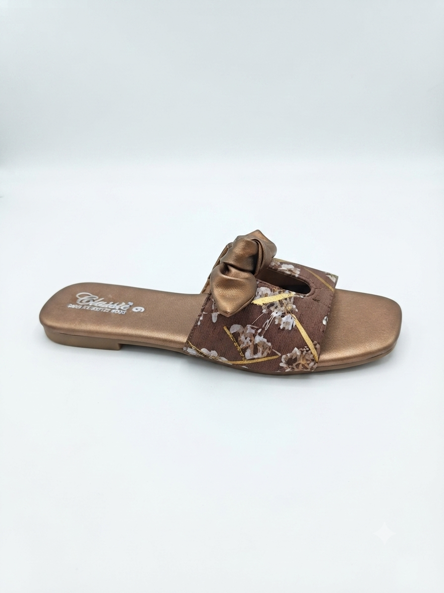 Chic Ribbon Bow Print Flat Slides | Everyday Casual Women's Footwear