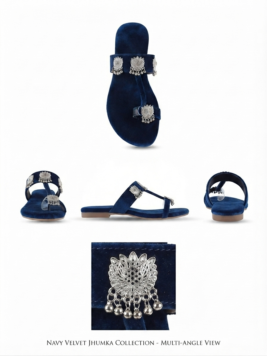 Z.A Shoes Navy Blue Velvet Kashmiri Kolhapuri Flat Sandals with Silver Jhumka | Sizes 6–10