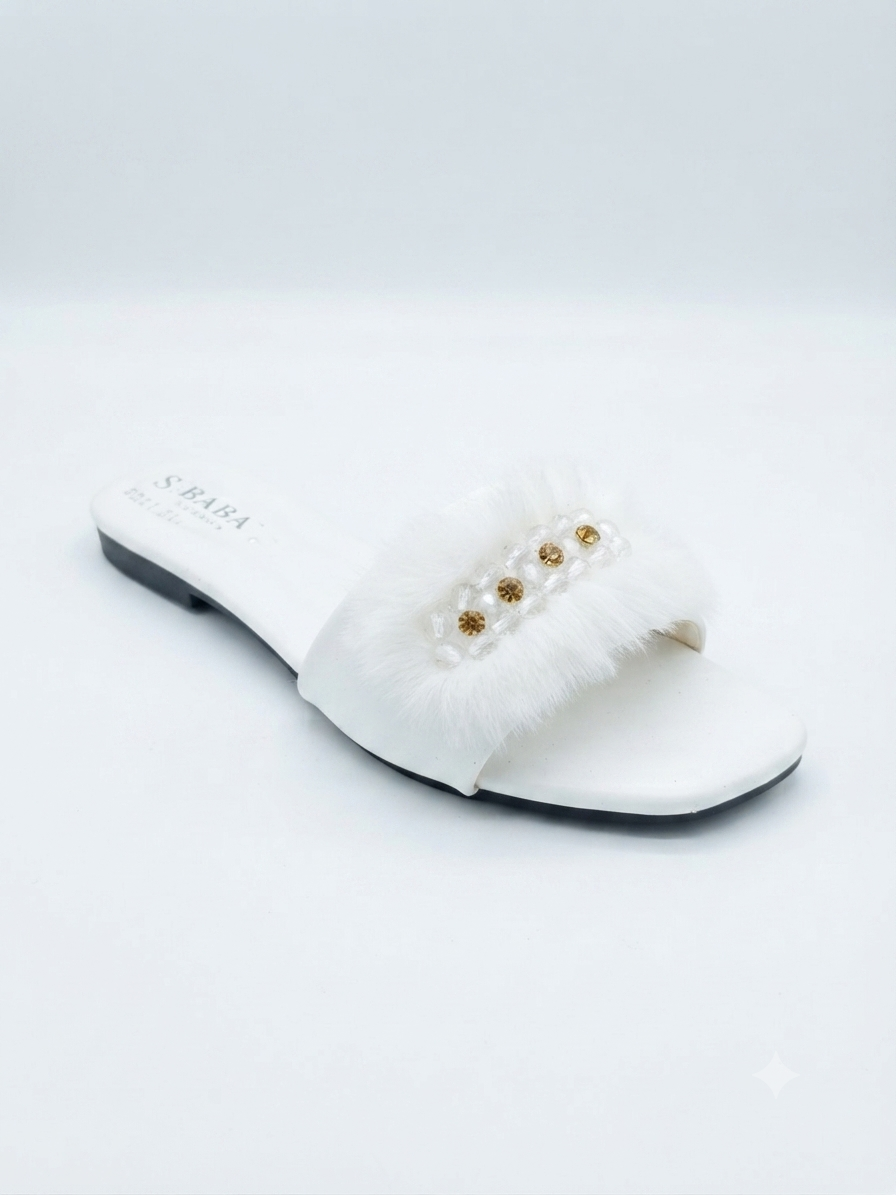 Women's White Fur & Pearl Fancy Flat Sliders | Z.A Shoes Point