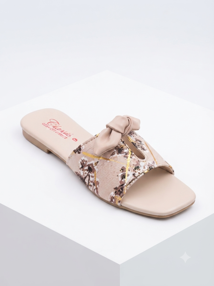 Chic Ribbon Bow Print Flat Slides | Everyday Casual Women's Footwear