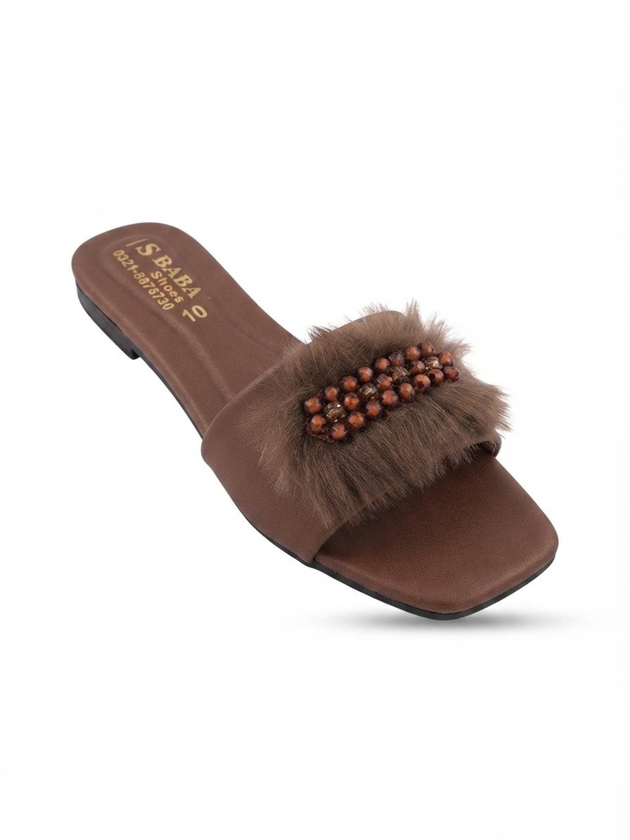 Women's White Fur & Pearl Fancy Flat Sliders | Z.A Shoes Point
