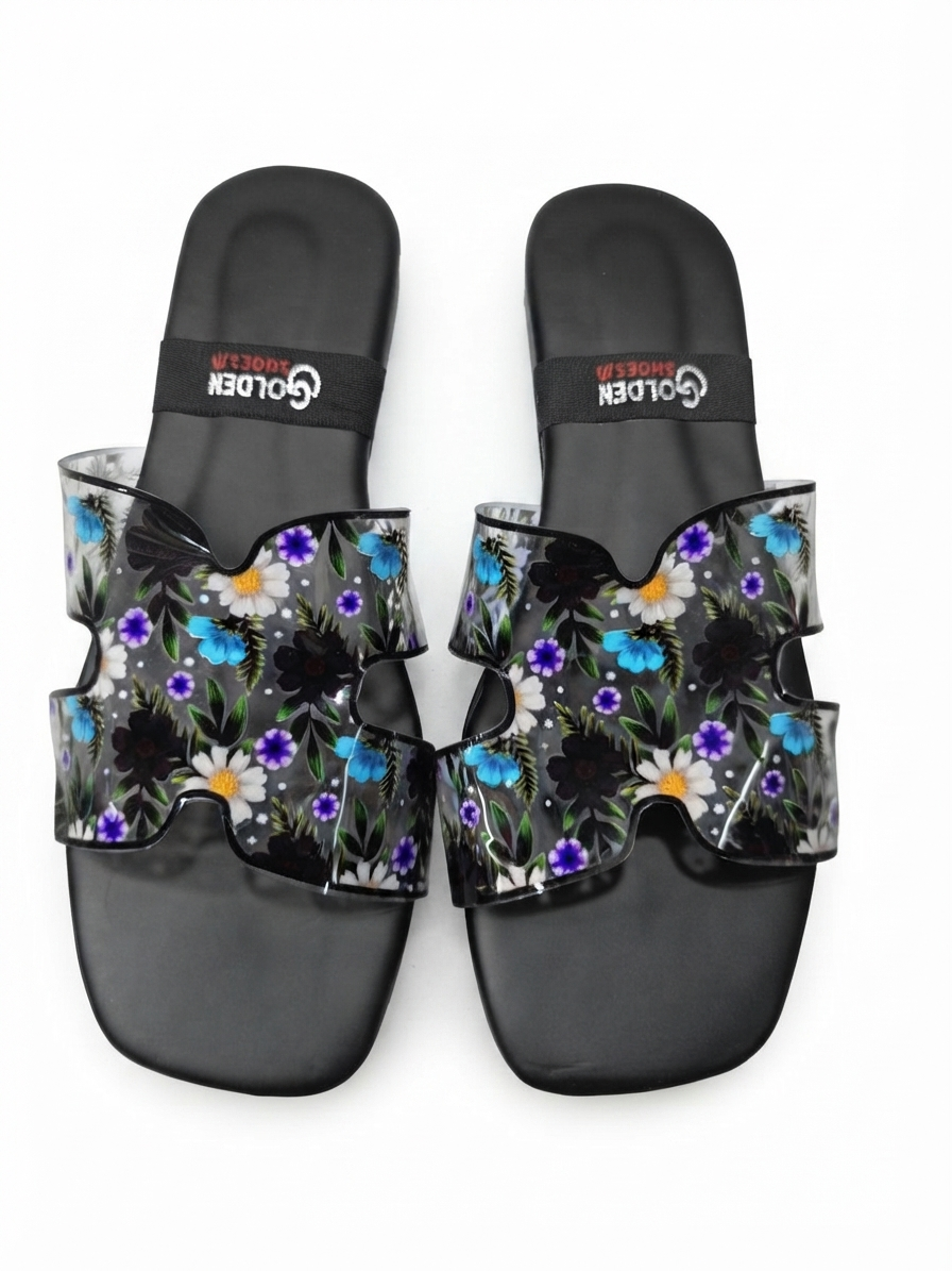 Golden Shoes Women’s Floral Transparent Strap Flat Slides | Casual Slip-On Sandals