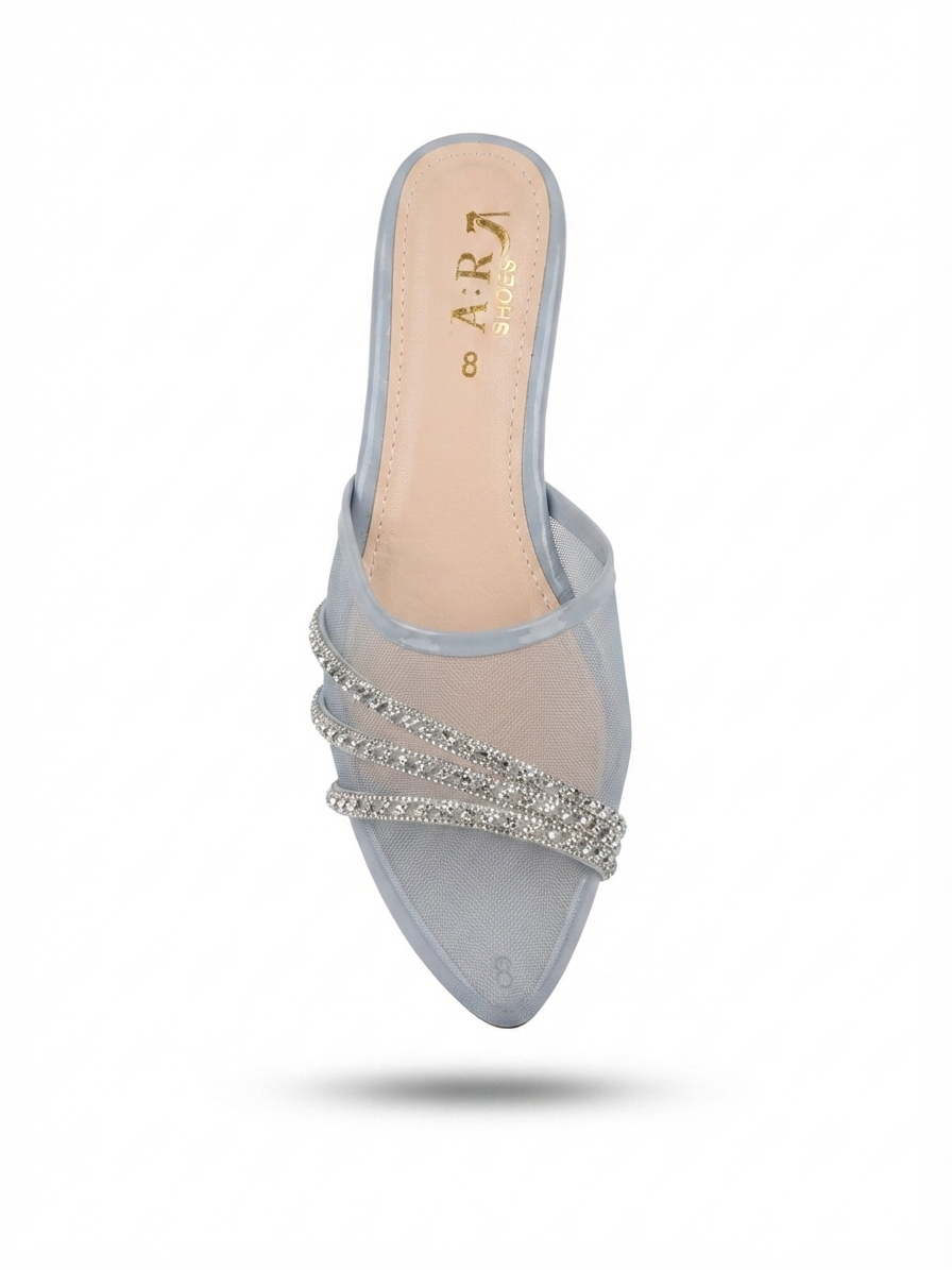 ZA Shoes Hot Trending Crystal Net & Mesh Block Heel Mules | Stylish Jali Style Party Wear Heels for Women (Sizes 6-10)