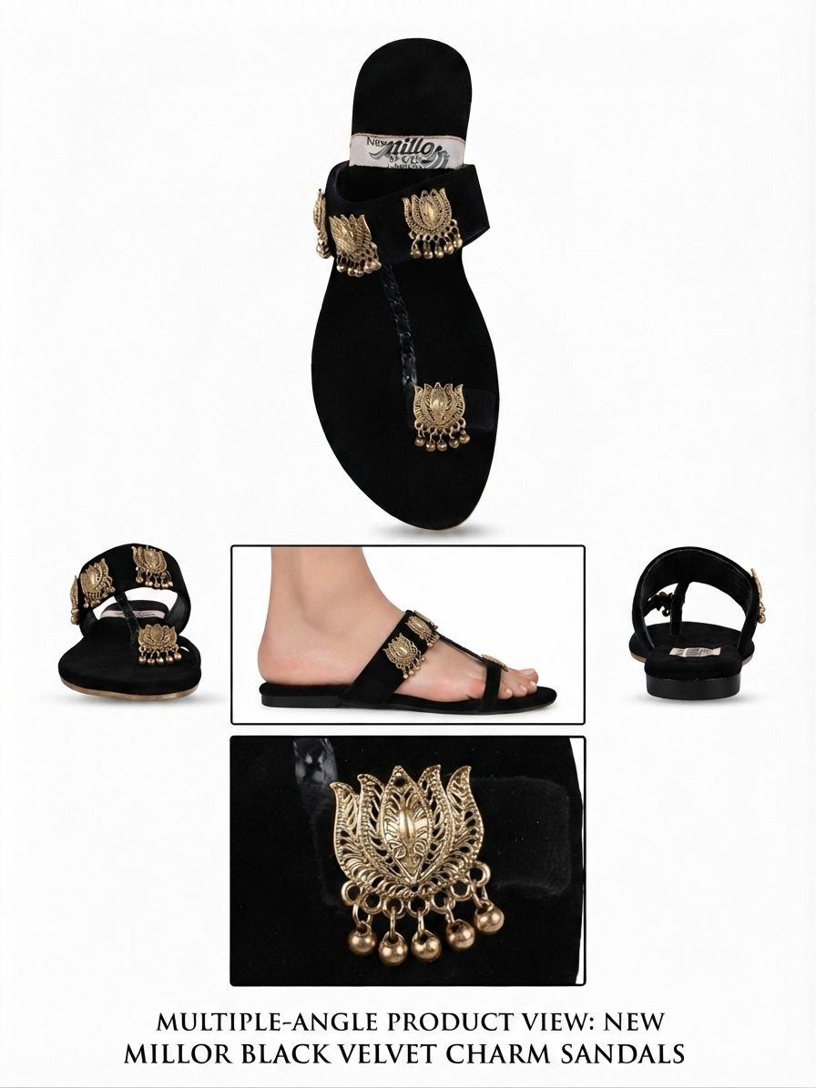 ZA Shoes Black Velvet Ethnic Flat Sandals with Gold Jhumka Charms | Sizes 6–10