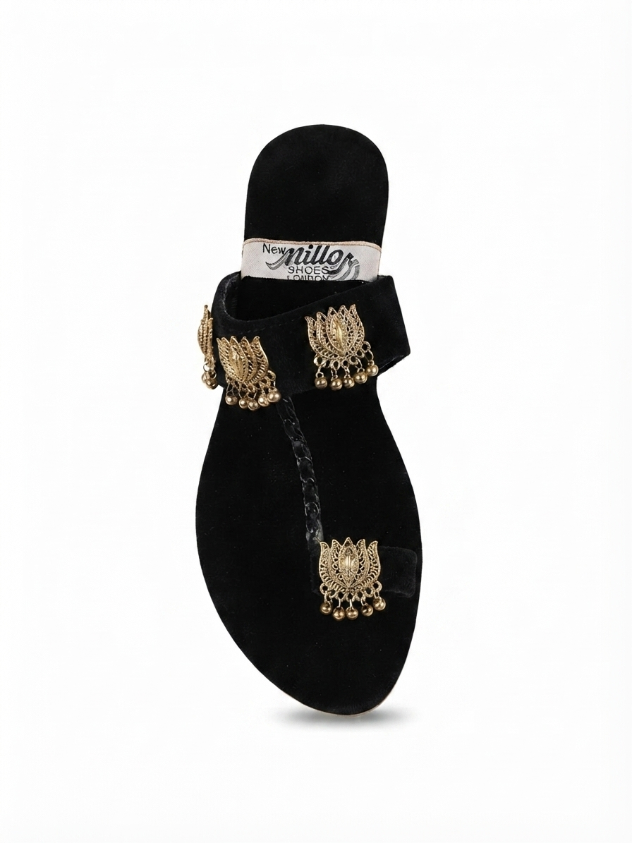 ZA Shoes Black Velvet Ethnic Flat Sandals with Gold Jhumka Charms | Sizes 6–10