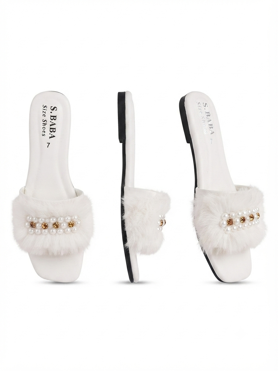 Women's White Fur & Pearl Fancy Flat Sliders | Z.A Shoes Point