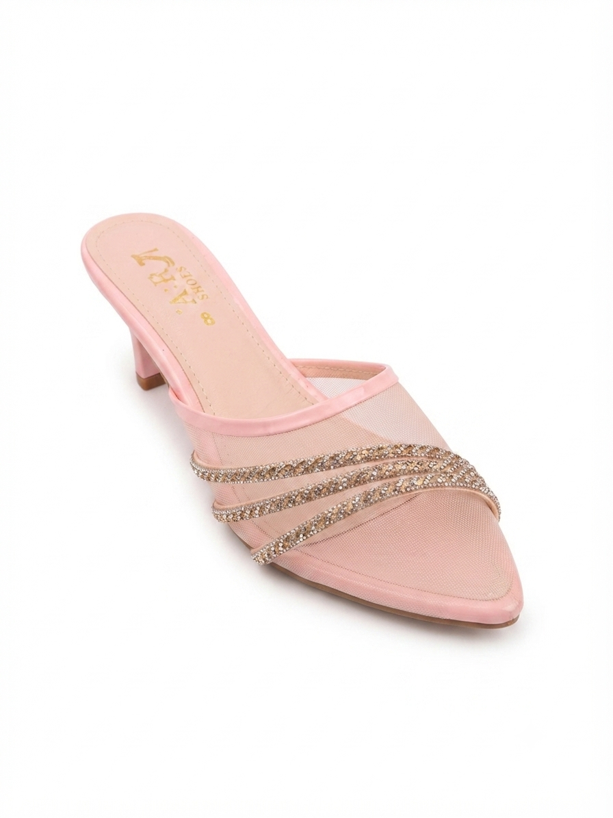 ZA Shoes Hot Trending Crystal Net & Mesh Block Heel Mules | Stylish Jali Style Party Wear Heels for Women (Sizes 6-10)
