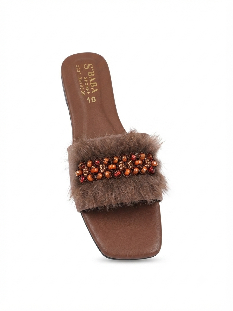 Women's White Fur & Pearl Fancy Flat Sliders | Z.A Shoes Point