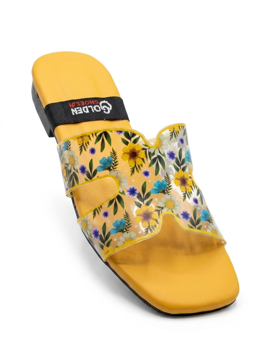 Women Yellow Floral Transparent Slide Sandals | Casual Flat Slippers – Size 6-10