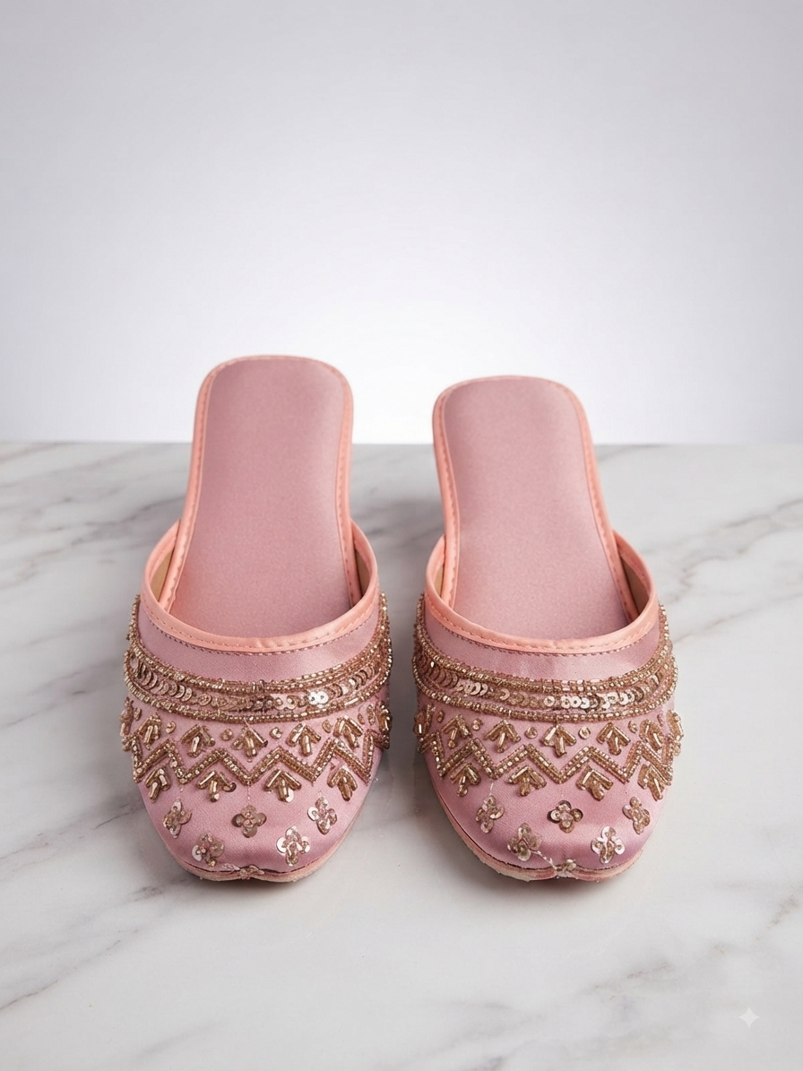 Pink Embroidered Mules – Crystal & Sequin Khussa Style