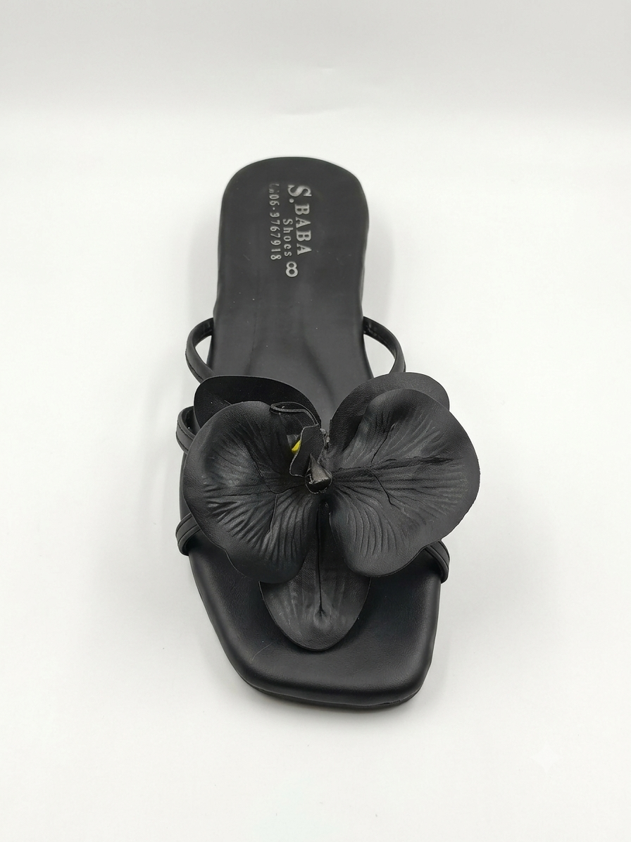 Women's Elegant 3D Orchid Floral Flat Sandals | Luxury Square-Toe Slip-On Slippers (Purple, Black, Yellow) - Sizes 6-10