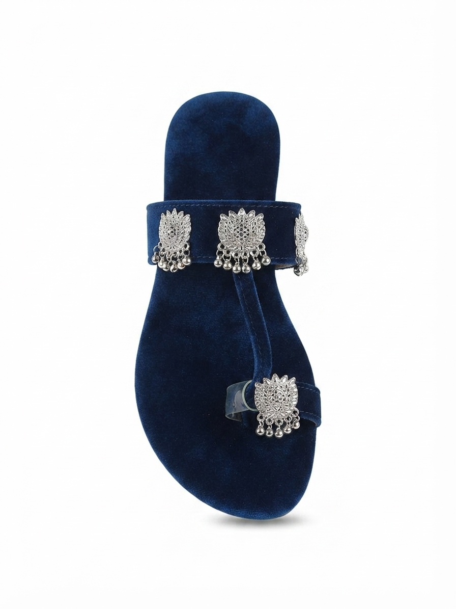 Z.A Shoes Navy Blue Velvet Kashmiri Kolhapuri Flat Sandals with Silver Jhumka | Sizes 6–10