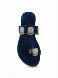Z.A Shoes Navy Blue Velvet Kashmiri Kolhapuri Flat Sandals with Silver Jhumka | Sizes 6–10