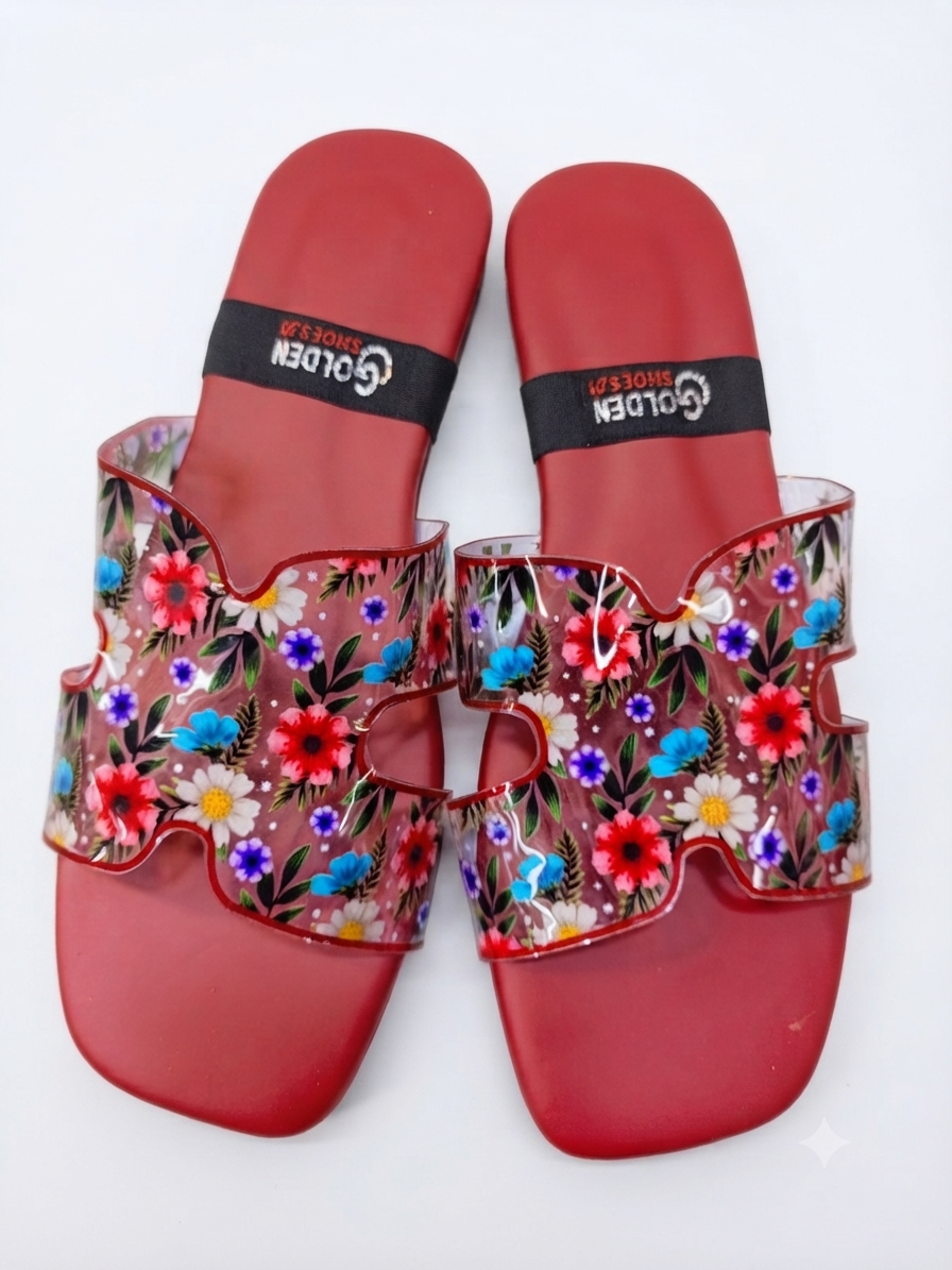 Golden Shoes Women’s Floral Transparent Strap Flat Slides | Casual Slip-On Sandals