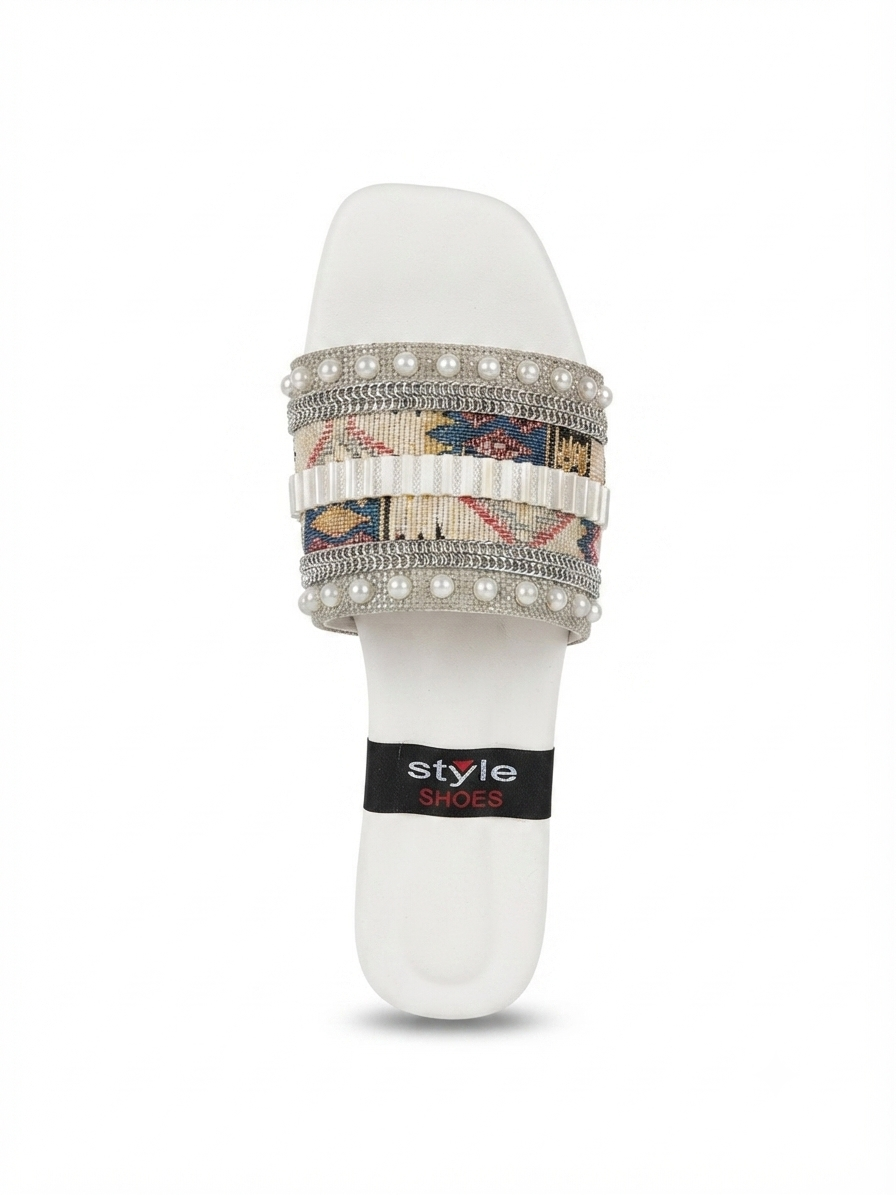 Luxury Multi-Color Ethnic Print & Pearl Slippers | Women's Party Wear Chappal